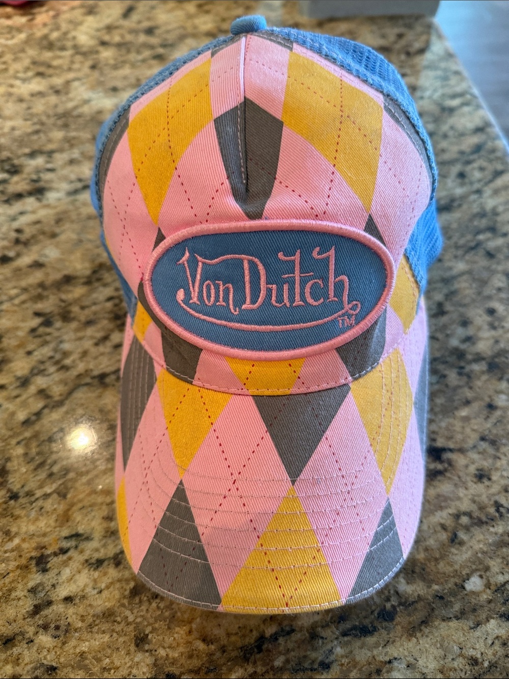 Von Dutch Vintage Blue, Pink & Yellow Argyle Trucker Hat